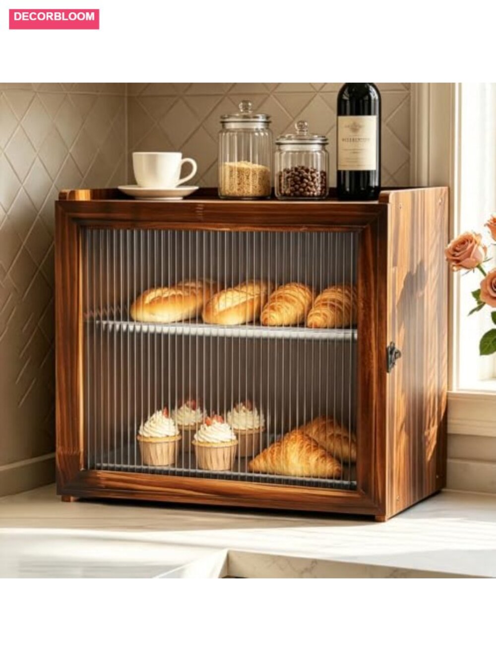 Vintage Natural Wood Bread Box 2-Layer Large Stainless Steel Tray Kit